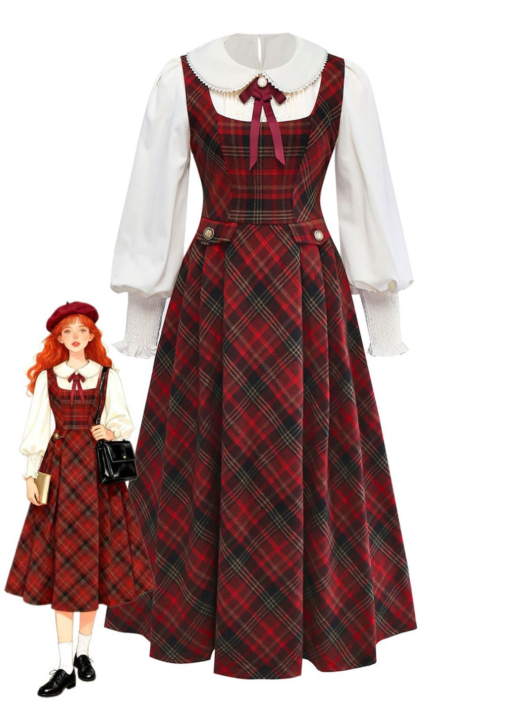 2PCS Red 1940s Peter Pan collar Blouse & Plaid Swing Dress