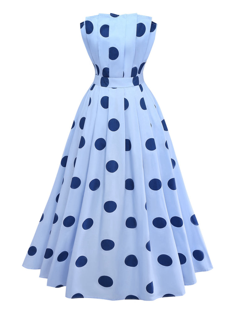 Blue 1940s Polka Dot Strapless Pleated Dress