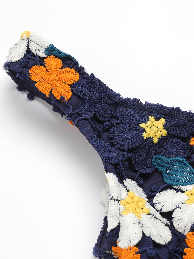 [US Warehouse] Navy Blue 1940s Flower Embroidery Jumpsuit