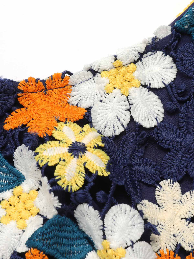 [US Warehouse] Navy Blue 1940s Flower Embroidery Jumpsuit