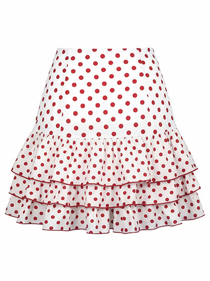 Red 1960s Ruffled Polka Dot Rose Mini Skirt