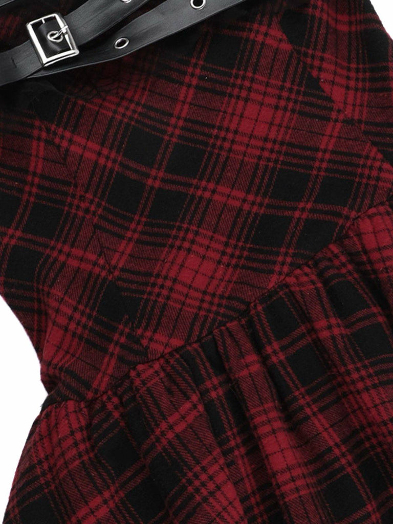 Red 1970s Spiderweb Mesh Tartan Strapless Dress