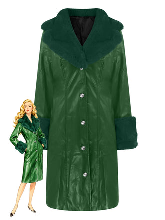 1940s Lapel Fur Collar Zip PU Leather Coat