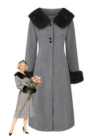 1980s Fur Trim Solid Faux-Wool Coat