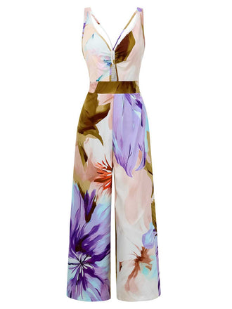 1970s Strap V-Neck Floral Smocked Jumpsuit