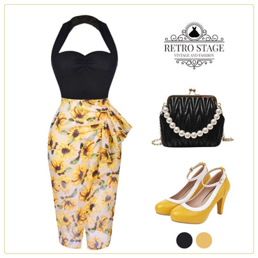 Black 1960s Halter Sunflower Pencil Dress