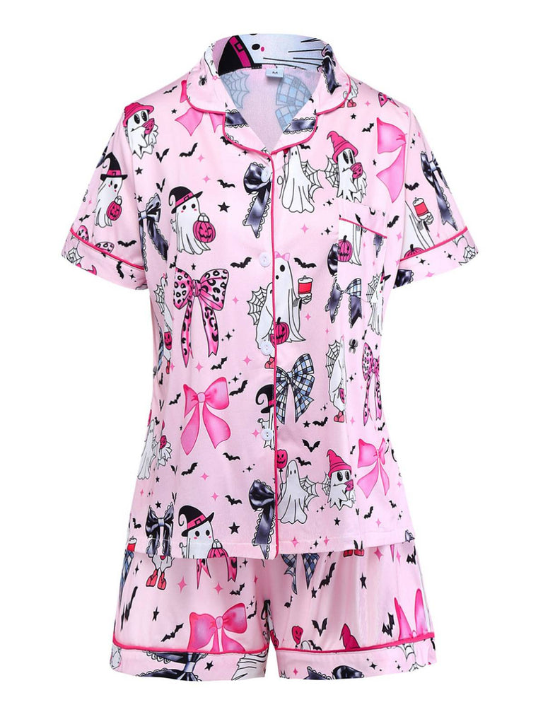 Dark Pink 1970s Halloween Boo Print Pajama Set