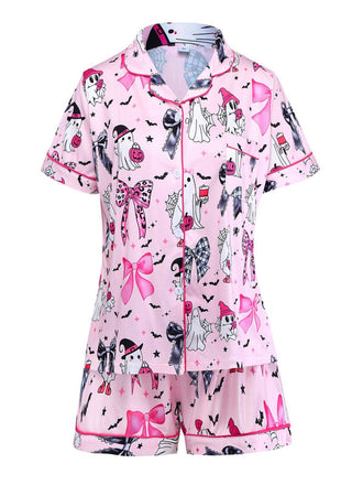 Dark Pink 1970s Halloween Boo Print Pajama Set