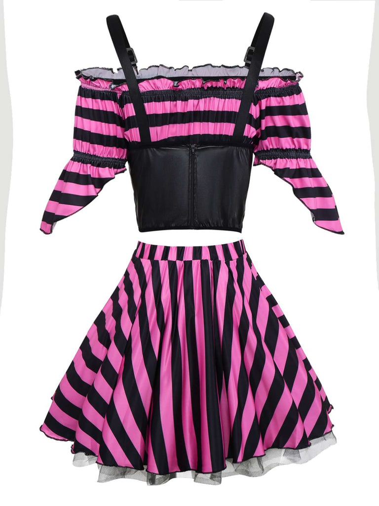 2PCS Pink 1970s Halloween Striped Pirate Costume Set