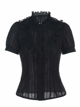Black 1980s Gothic Pure Cotton Ruffled Blouse