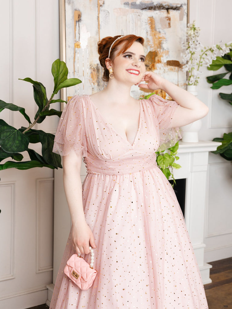 Pink 1950s Star Sequin Lace Swing Dress