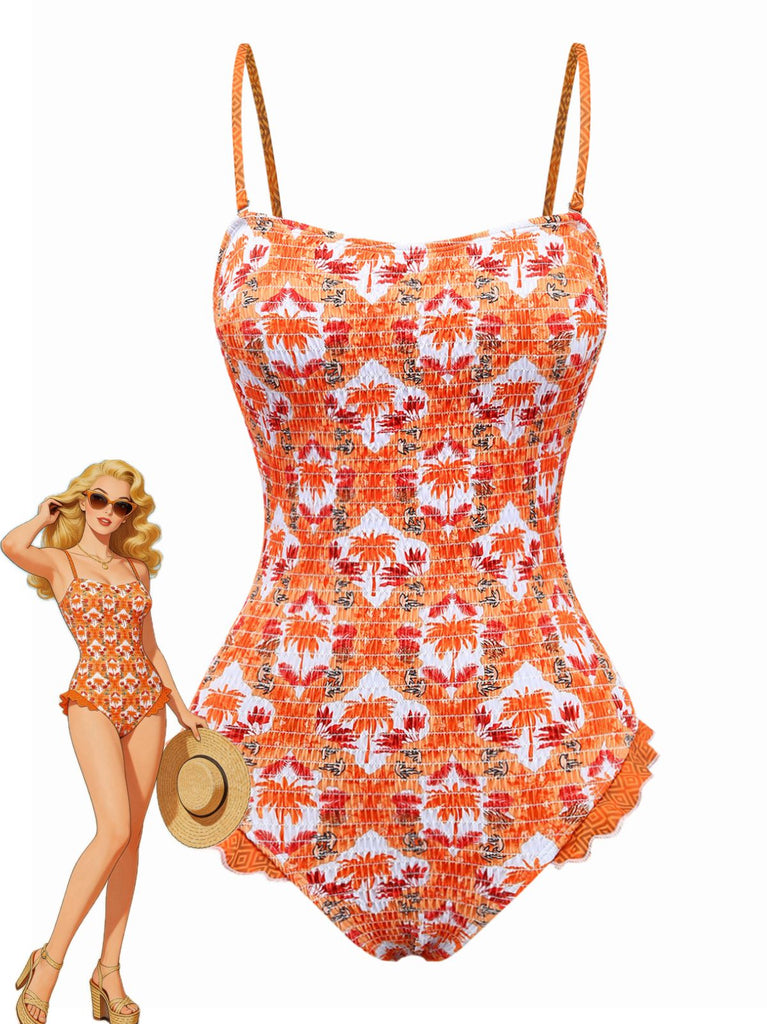 Orange 1960s Tropical Coconut Palm Tree Print Swimsuit