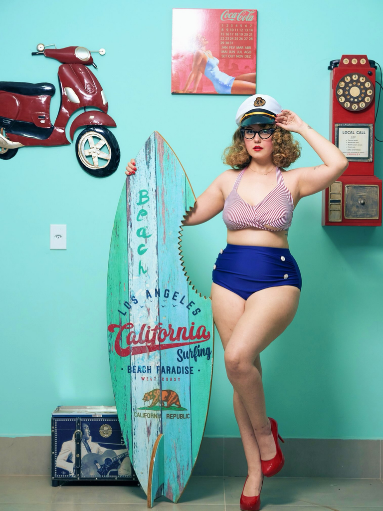 Red & Blue 1940s Striped Halter Swimsuit Set