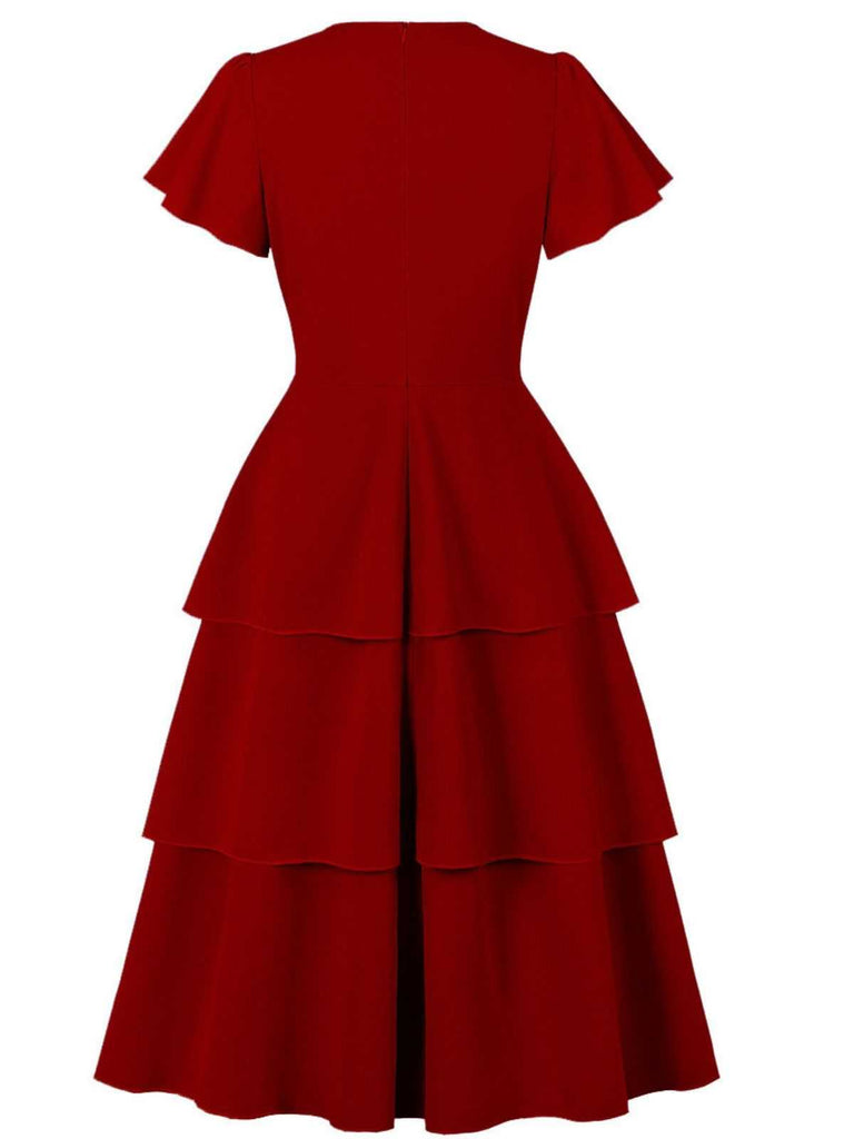 1940s Round Neck Bow Solid Tiered Dress