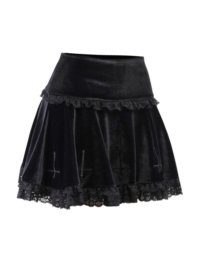 Black 1980s Solid Embroidered Lace Skirt