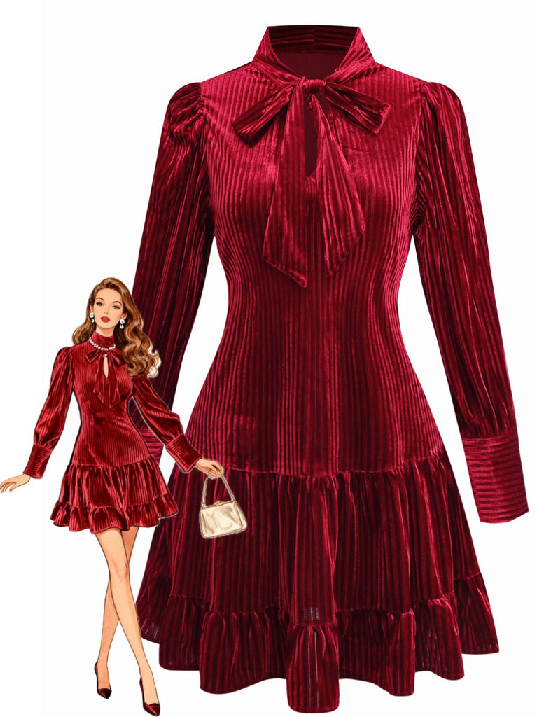 Burgundy 1960s Bow Collar Solid Velvet Ruffle Dress