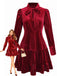 Burgundy 1960s Bow Collar Solid Velvet Ruffle Dress