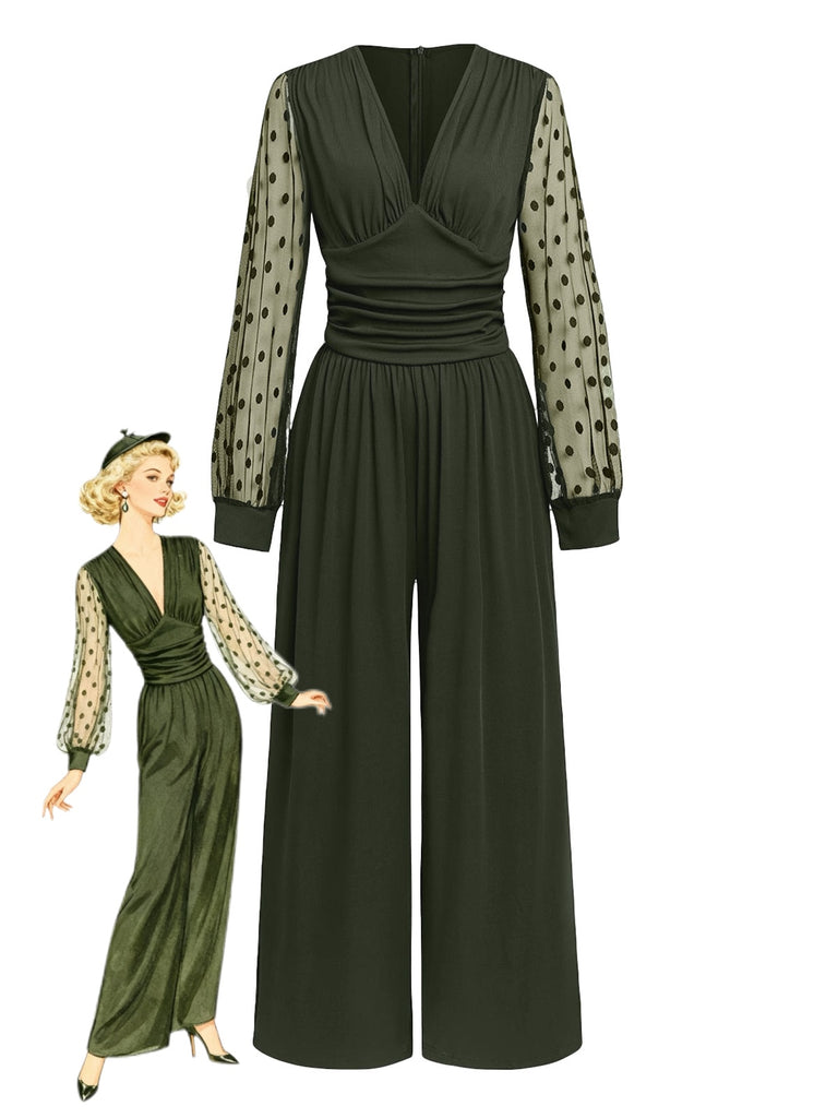 Olive Green 1950s V-Neck Sheer Polka Dot Sleeve Jumpsuit