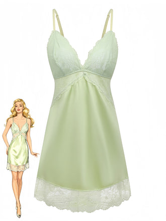 Green 1960s Lace Satin V-Neck Spaghetti Strap Nightgown