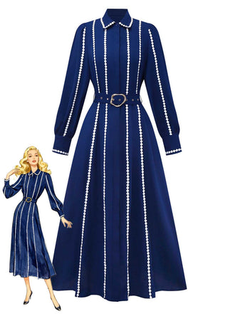 Dark Blue 1940s Contrast-Trim Belted Shirt Dress