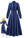 Dark Blue 1940s Contrast-Trim Belted Shirt Dress