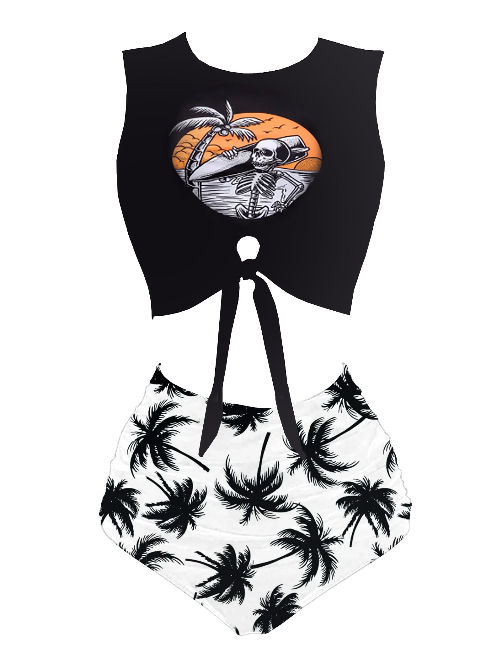 1980s Punk Waist Tie Skeleton Beach Print Bikini Set | Retro