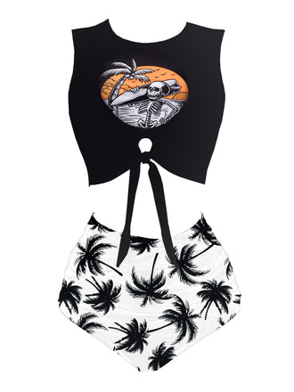 1980s Punk Waist Tie Skeleton Beach Print Bikini Set