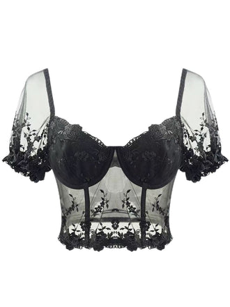 Black 1970s Puff Sleeve Lace Corset Top