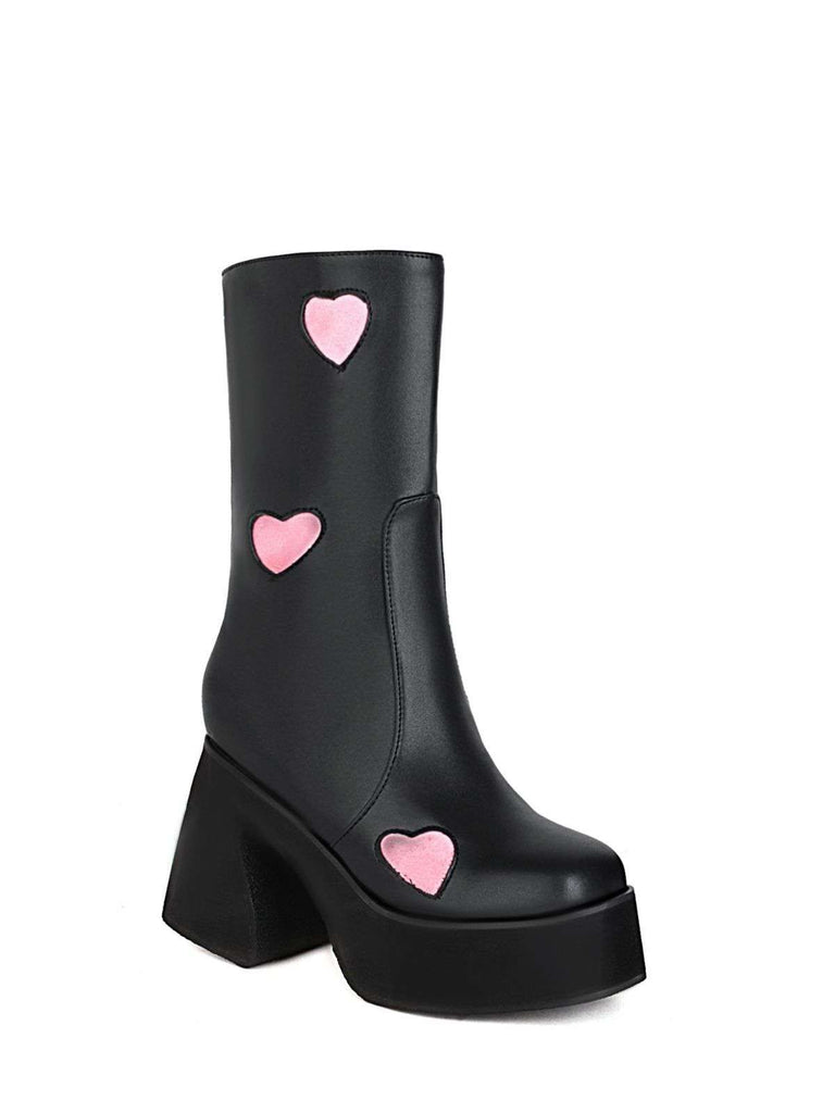 Hollow Hearts Leather Chunky Platform Boots