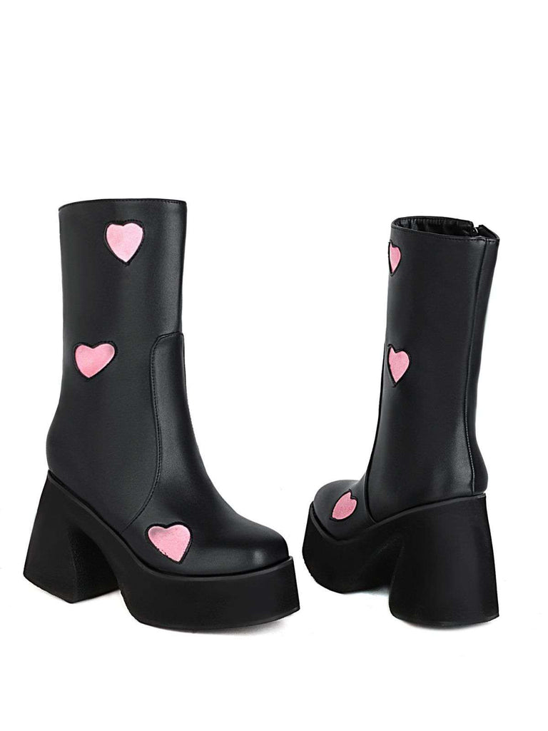 Hollow Hearts Leather Chunky Platform Boots
