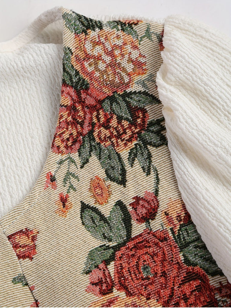 [Plus Size] Beige 1940s Floral Ruffle Sleeve Patchwork Dress