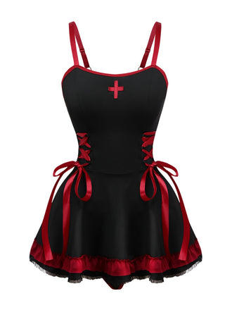 Black 1950s Cross Contrast Ruffle Hem Nightdress