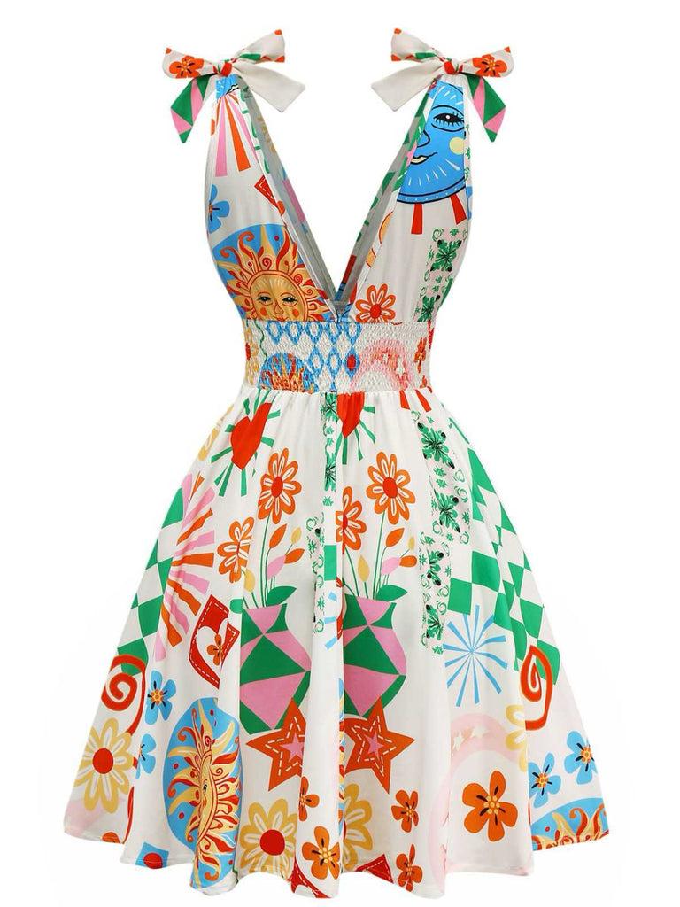 1970s V-Neck Boho Smocked Sleeveless Dress