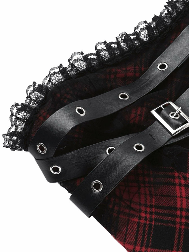 Red 1970s Spiderweb Mesh Tartan Strapless Dress