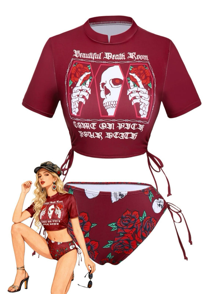 1980s Black Skull Rose Graphic Bikini Set