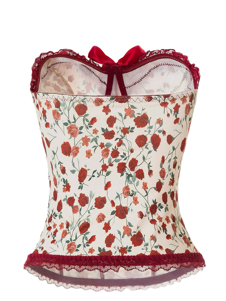 Red 1970s Strapless Court Lace Roses Corset