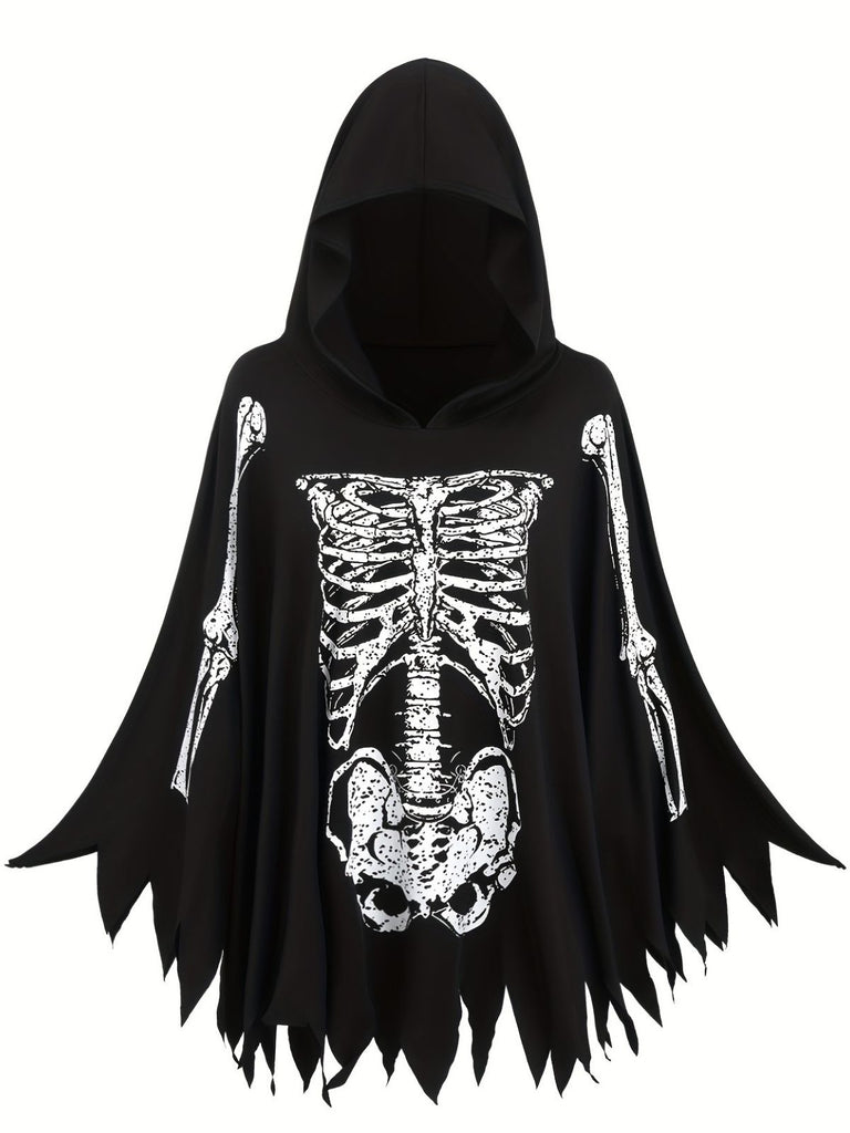 1970s Halloween Skeleton Bone Print Hooded Cape