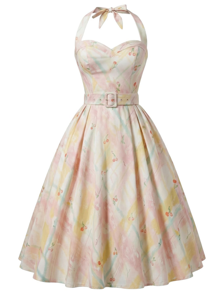 [Pre-Sale] 1950s Pastel Cherry Print Halter Belted Swing Dress