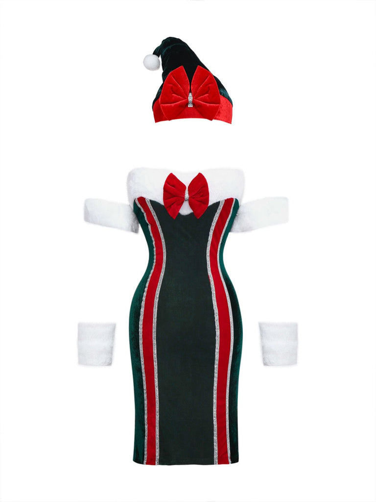 1960s Strapless Velvet Christmas Fur Trim Bow Dress Set