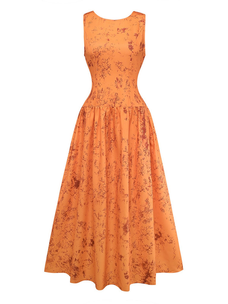 Orange 1930s Cotton Sleeveless Printed Fitted Dress