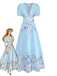 Light Blue 1950s Watercolor Floral Puff Sleeve Maxi Dress