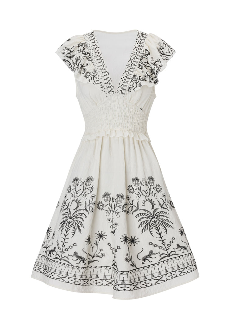 White 1970s V-Neck Floral Boho Ruffles Dress