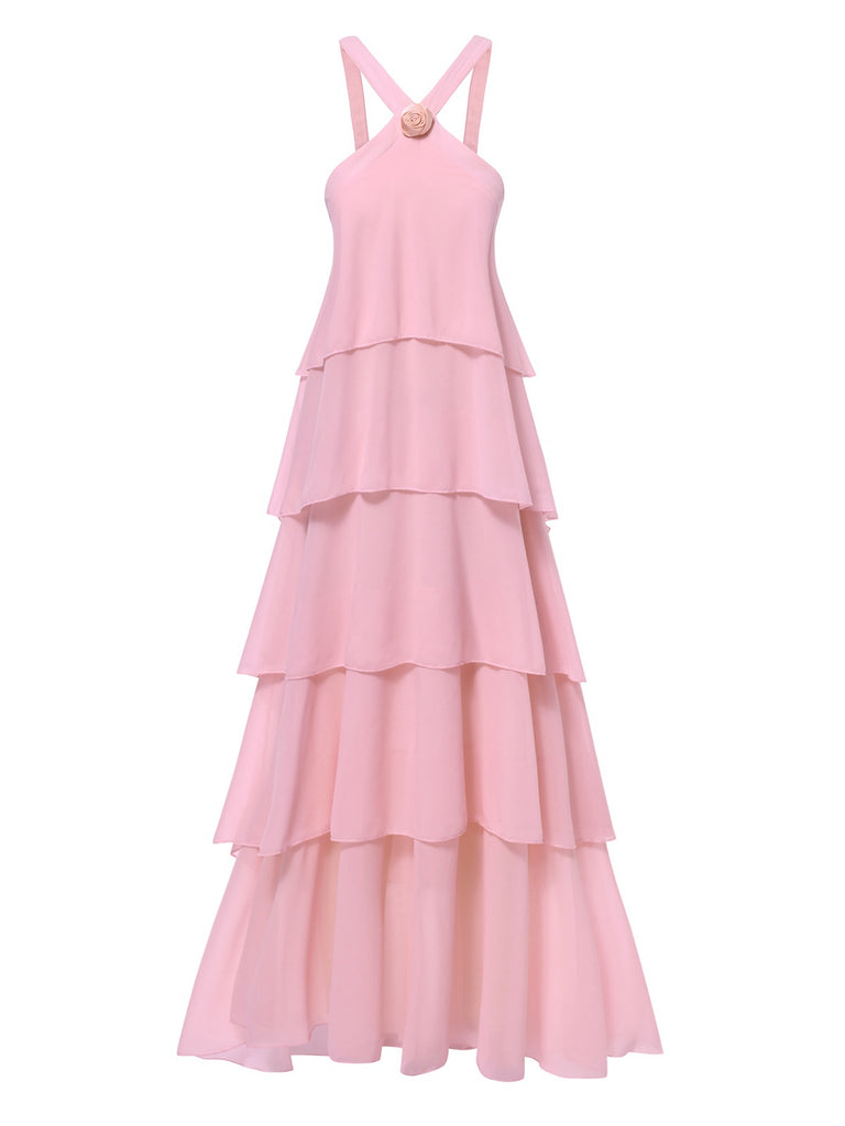 Pink 1930s Tiered 3D Rose Maxi Dress