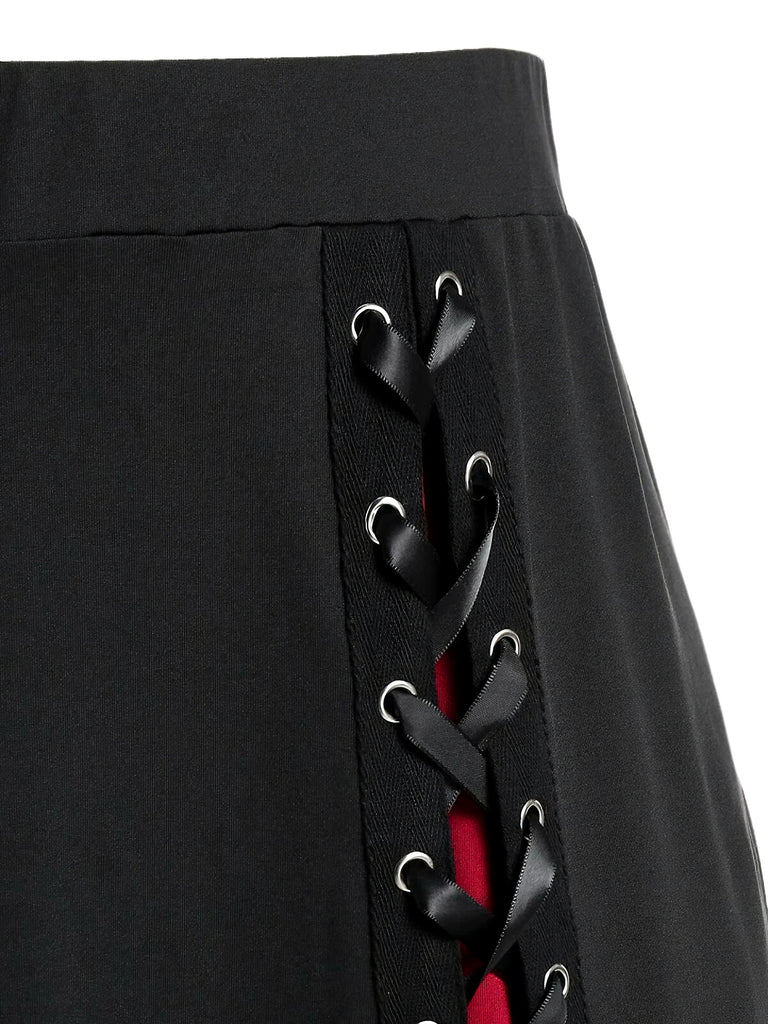 [Plus Size] 1970s Colorblock Lace-Up High-Waist Skirt