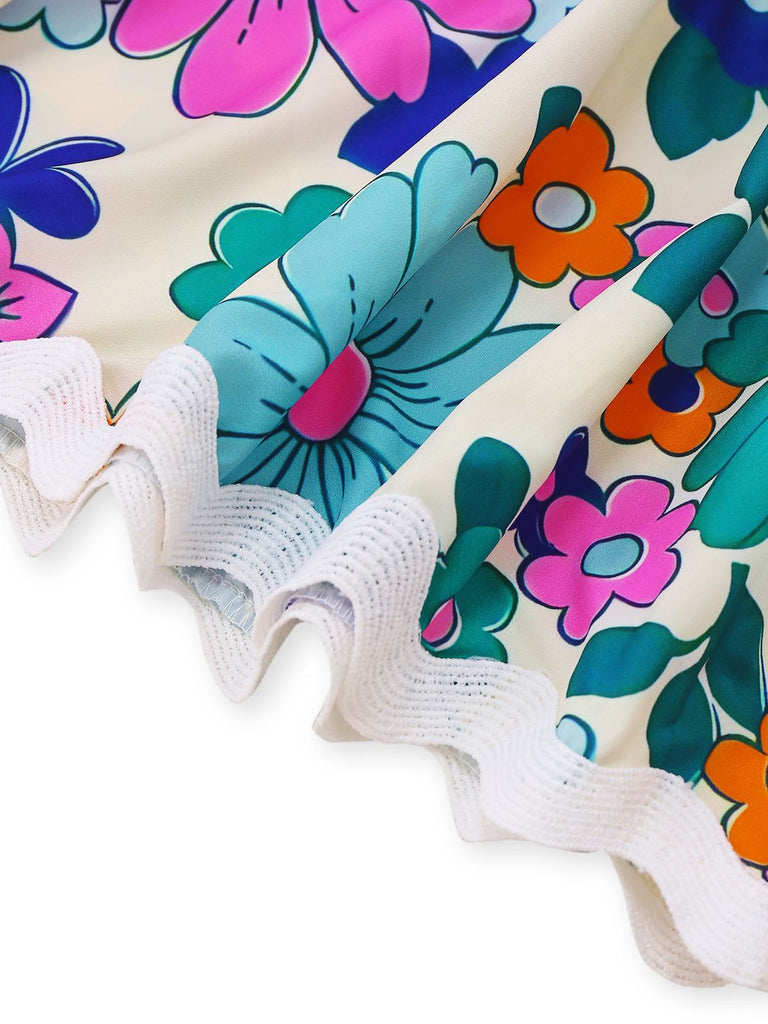 1940s Floral Ruffle Trim Spaghetti Strap Dress
