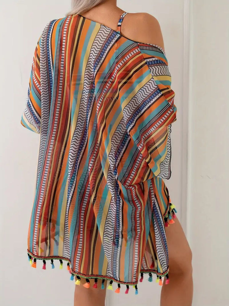 4PCS 1970s Boho Striped Bikini & Fringe Cover-Up Set - vintage fashion, retro style