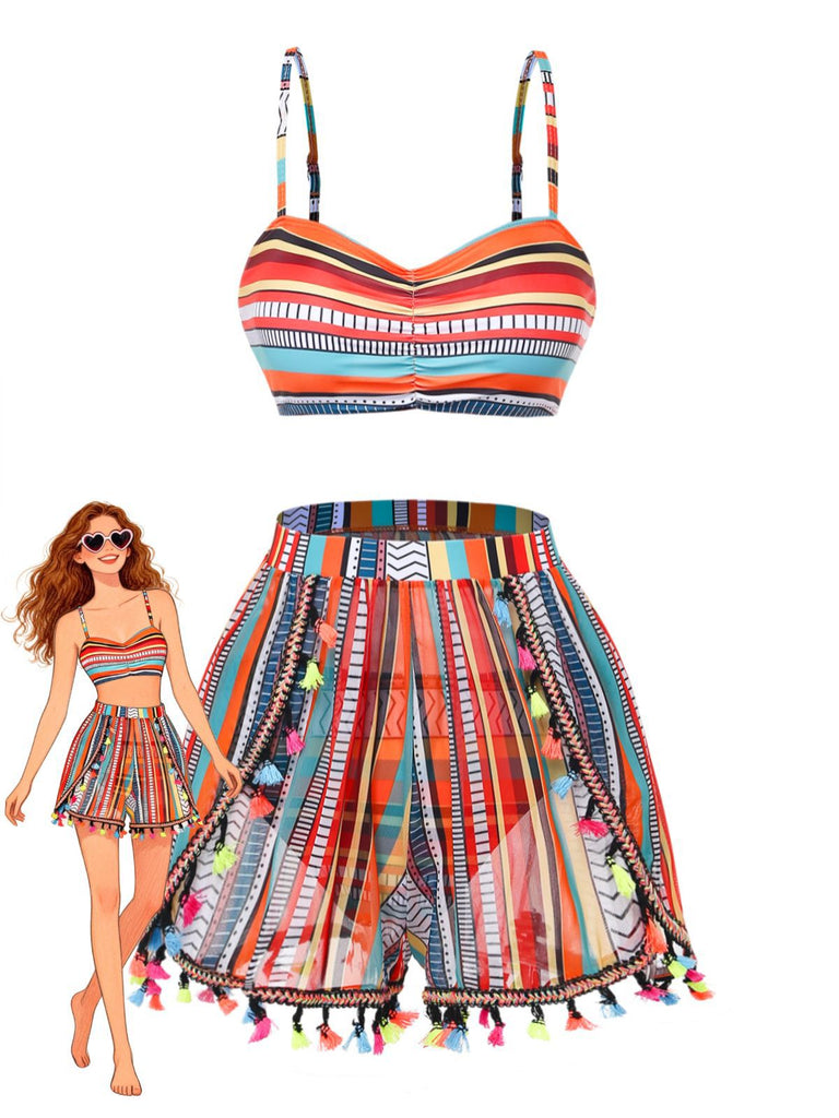 4PCS 1970s Boho Striped Bikini & Fringe Cover-Up Set - vintage fashion, retro style