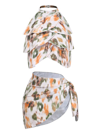4PCS 1980s Floral Halter Tie Asymmetric Bikini Set & Cover Up, vintage swimsuit, pin-up swimwear - perfect for women who love vintage and retro fashion