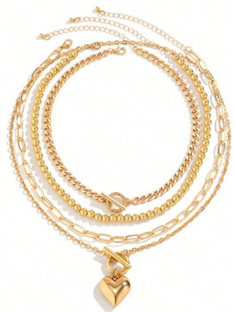 4PCS Gold Layered Chain Heart Pendant Necklace Set - vintage fashion, retro style, elegant red
