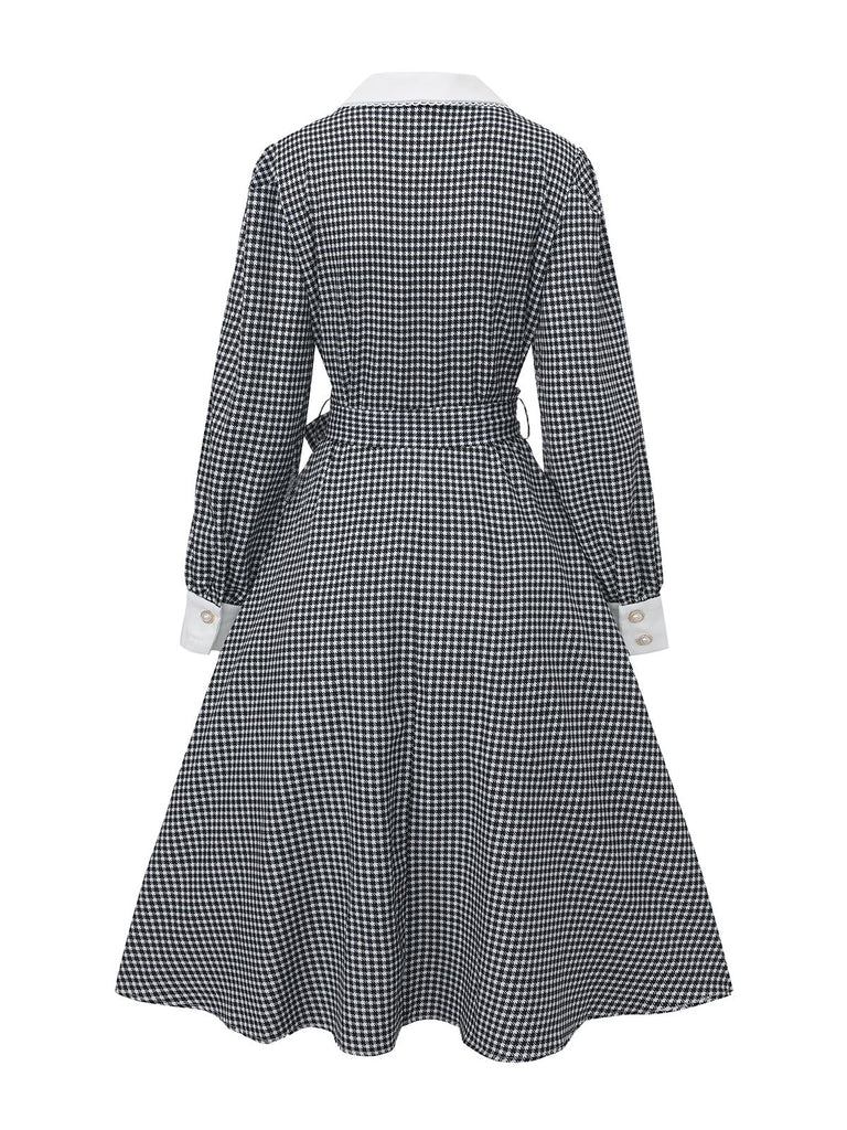 Black 1940s Houndstooth Puff-Sleeves Pearl Button Dress